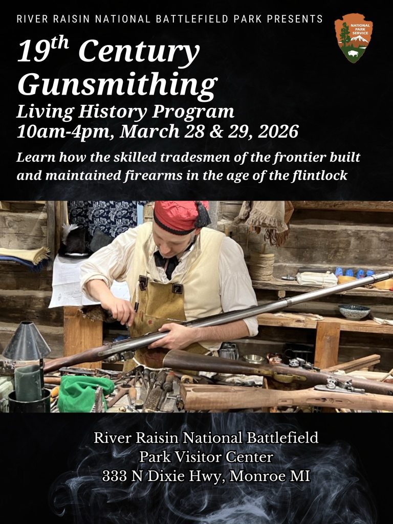 Photo of gunsmith working on 19th century flintlock musket in a workshop